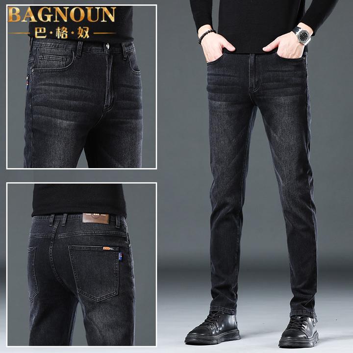 巴格奴牛仔裤男士秋冬季新款时尚黑灰色加绒加厚韩版修身小脚长裤