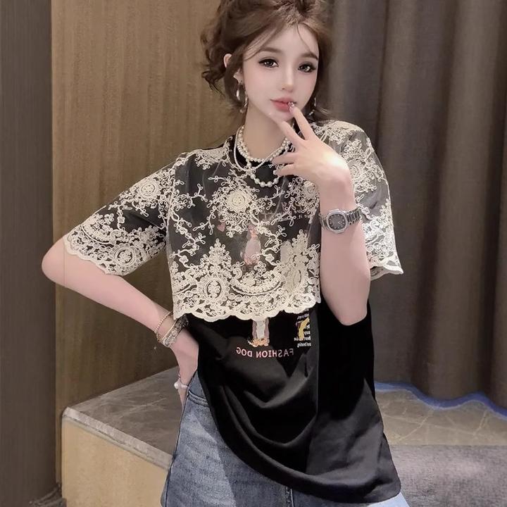 欧货2025年夏天洋气时髦蕾丝拼接短袖T恤衫女宽松百搭假两件上衣
