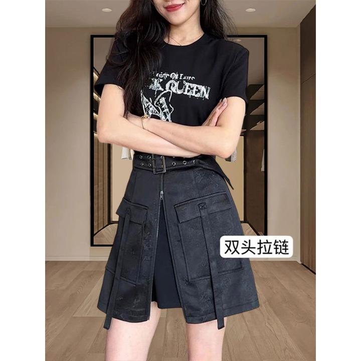 设计感显瘦假两件拼接短袖连衣裙女2025夏季新款美式时尚百搭裙子