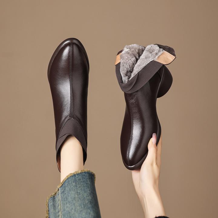 不累脚手工女鞋5cm~冬季复古粗跟短靴百搭加绒加厚保暖厚底雪地靴