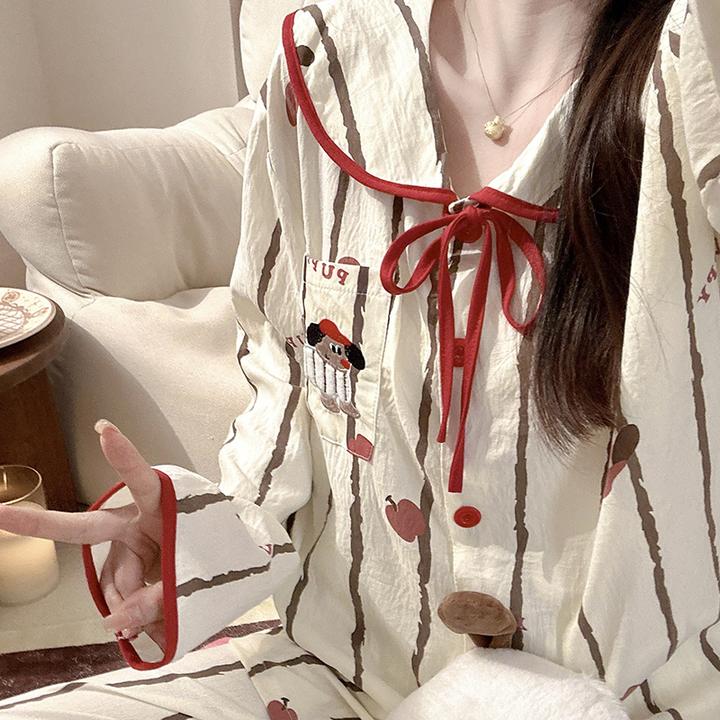 棕色苹果小狗睡衣少女春秋款长袖2025年新款秋季娃娃领家居服套装