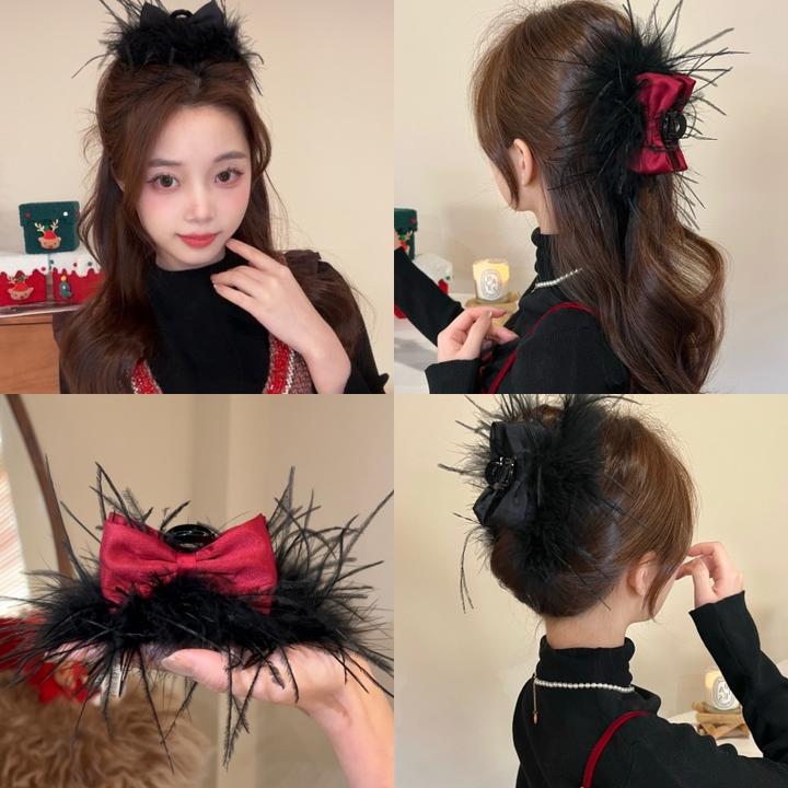 熹金 秋冬毛绒蝴蝶结发夹高级感气质发卡鲨鱼夹高颅顶抓夹女发饰