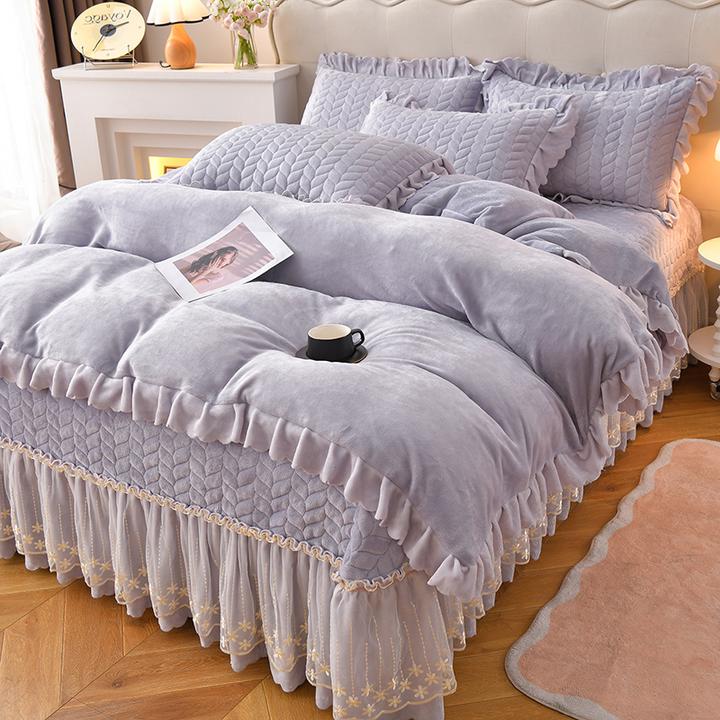 公主风冬季加厚纯色牛奶绒床盖四件套双面绒被套夹棉蕾丝花边床盖