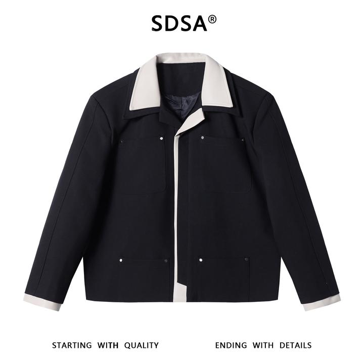 SDSA男士秋冬新款痞帅男装时尚多口袋拼皮翻领夹克外套百搭宽松