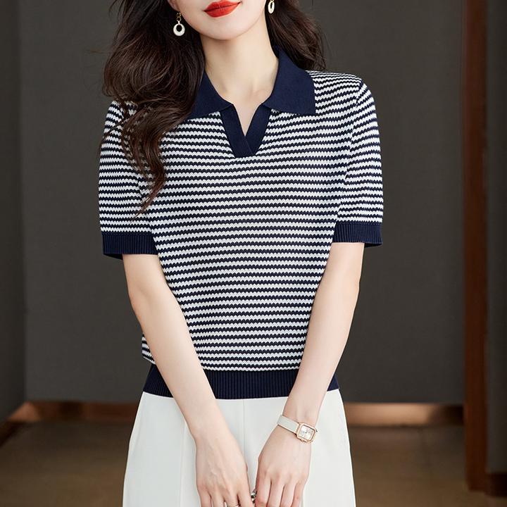 2025夏装新款宽松条纹POLO领针织衫短袖T恤翻领清爽上衣