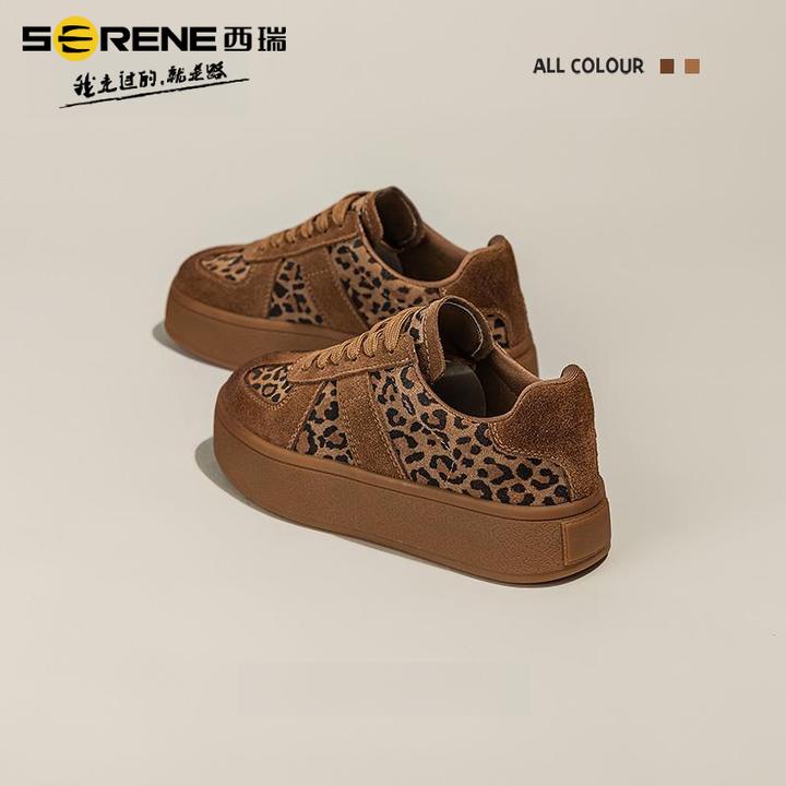 西瑞女鞋百搭时尚小众韩版厚底德训鞋女擦色拼接豹纹潮鞋休闲板鞋