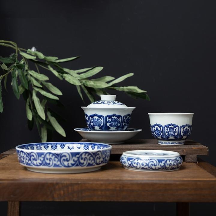 景德镇青花八宝茶具套组 釉下彩 八吉祥 高温