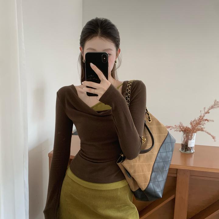 EIA一尧【软软女友】韩系纯欲气质假两件上衣荡领显瘦防走光设计ins