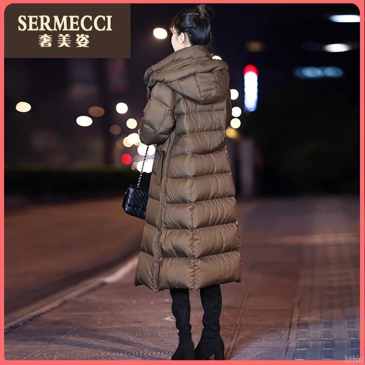 奢美姿羽绒服女冬季宽松2025新款收腰中长款外套黑色过膝长款