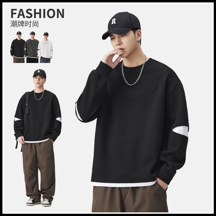 SH潮牌重磅300G圆领ins卫衣假两件新款长袖男秋冬套头拼接上衣