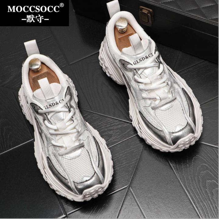 MOCCSOCC冬季轻便厚底老爹鞋男士时尚网面拼色百搭增高休闲运动鞋