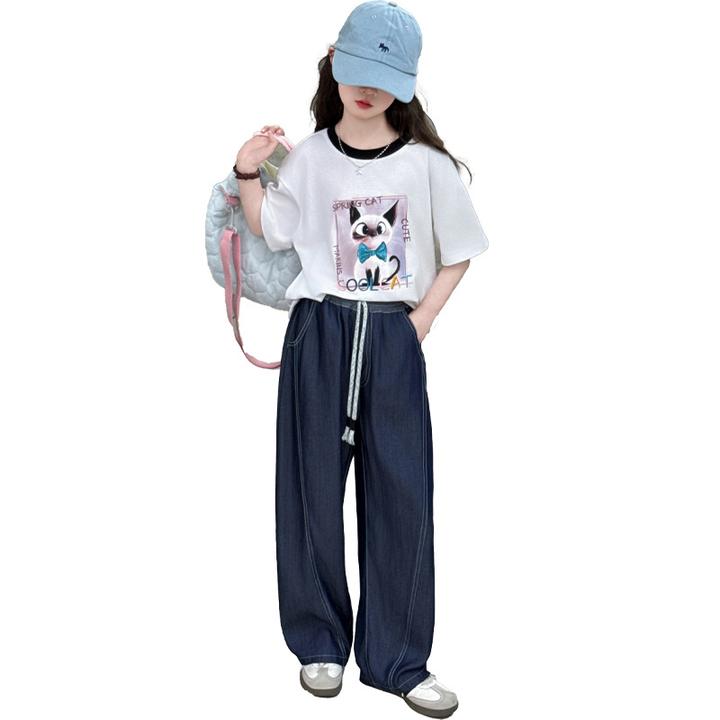 戴维贝拉【断码】女童天丝牛仔直筒裤夏季超薄款儿童高腰净色弯刀牛