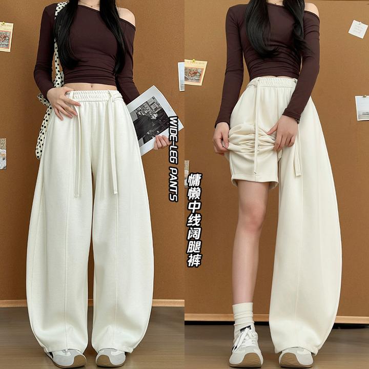 美式米灰色抽绳弯刀裤女秋季2025新款高腰窄版阔腿裤宽松休闲卫裤