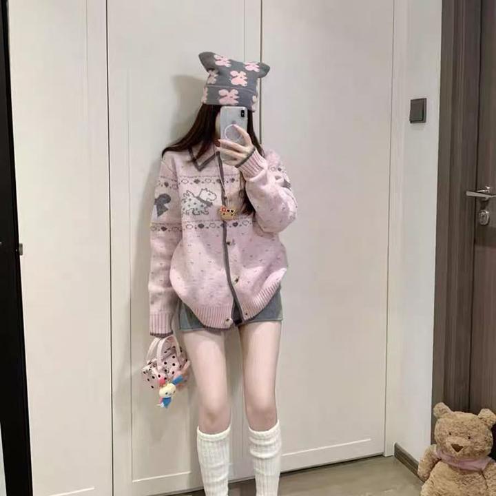 慵懒风软糯小狗提花长袖针织衫毛衣女秋季设计感翻领休闲宽松上衣