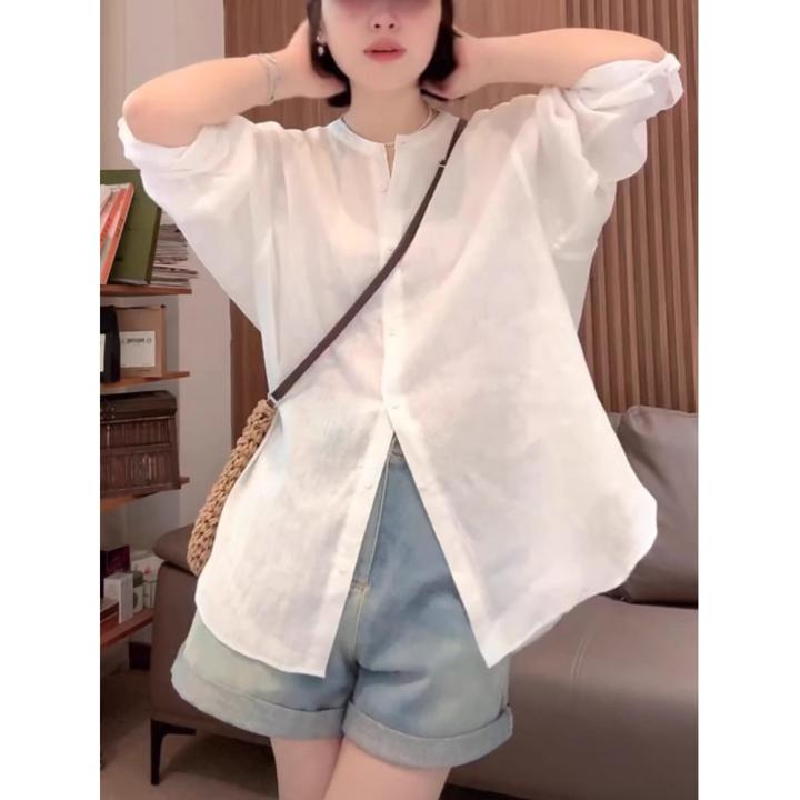亚麻白色长袖衬衫女早秋单排扣宽松显瘦休闲春夏外搭棉麻上衣休闲