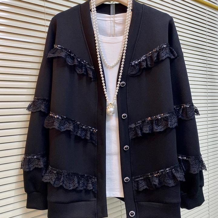 春季新款大码女装时尚气质蕾丝木耳花边甜酷开衫外套