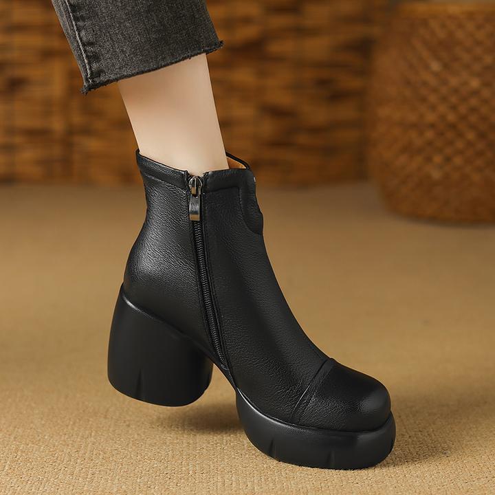 8.5cm防水台高跟瘦瘦靴通勤百搭粗跟短靴秋冬加绒保暖羊皮女靴子