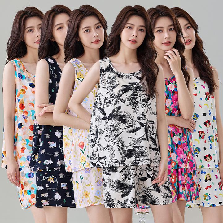 夏新款棉绸女无袖妈妈套装中老年休闲居家服绵绸两件套可外穿睡衣