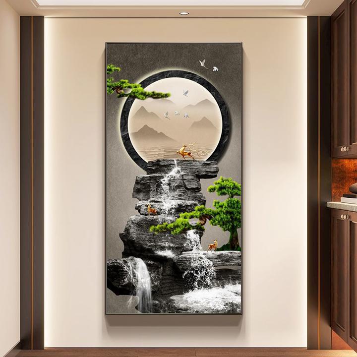 流水生财玄关装饰画现代轻奢走廊过道挂画高级感客厅山水进门灯画