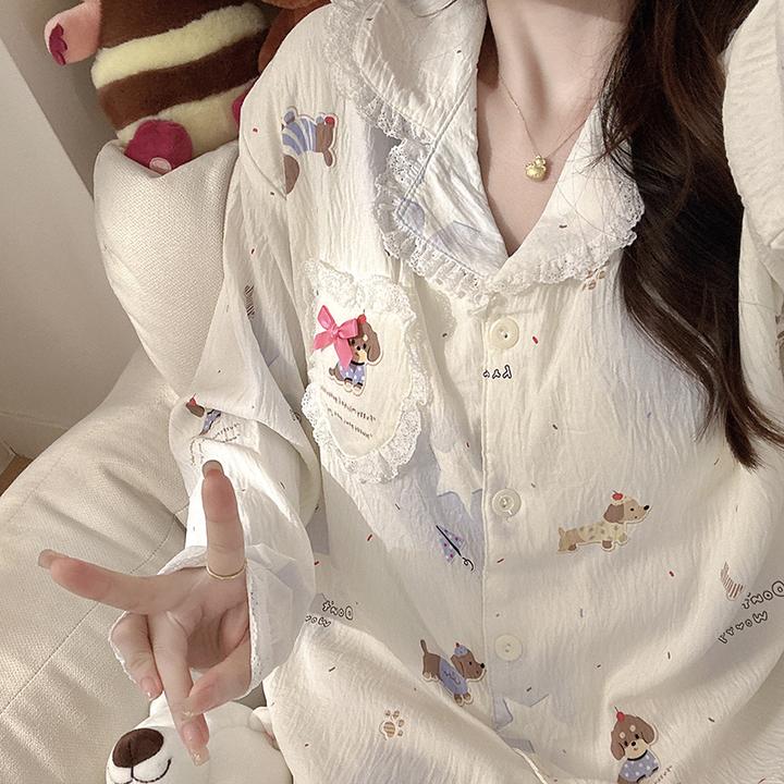 苹果狗狗带胸垫睡衣少女春秋可爱长袖学生两件套ins风家居服套装