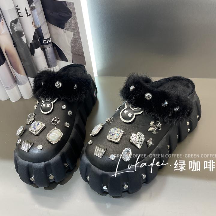 Green coffee绿咖啡/1314-1R哥特重金属牟钉松糕底休闲拖鞋