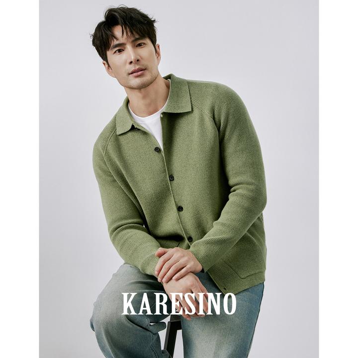 KARESINO秋冬重磅男士高品质休闲线衣针织衫翻领开衫毛衣男款外套