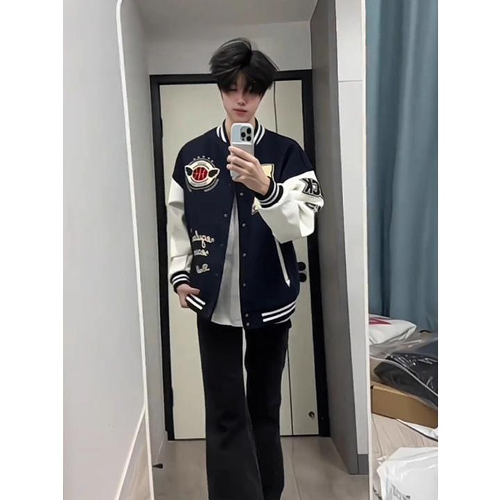 高街毛巾潮流刺绣棒球服外套男美式复古上衣cleanfit拼接飞行夹克