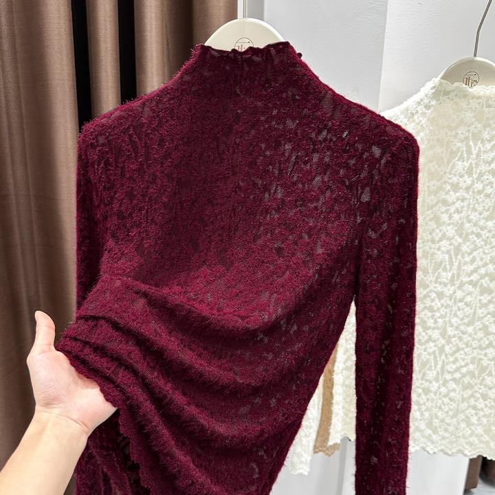 红色花边蕾丝半高领打底衫女内搭2025新款高档时髦洋气小衫T恤潮