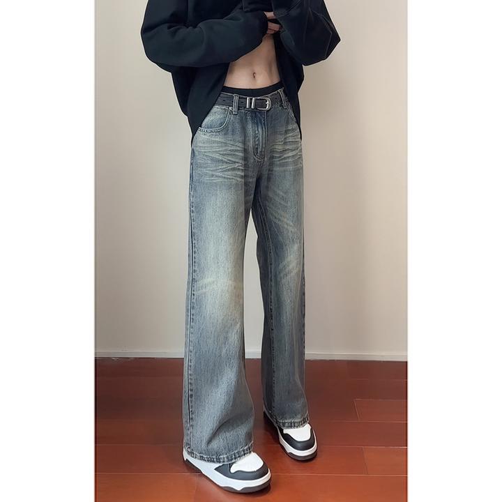 美式复古蓝牛仔裤男高街潮牌宽松cleanfit高个子牛仔裤男直筒宽松