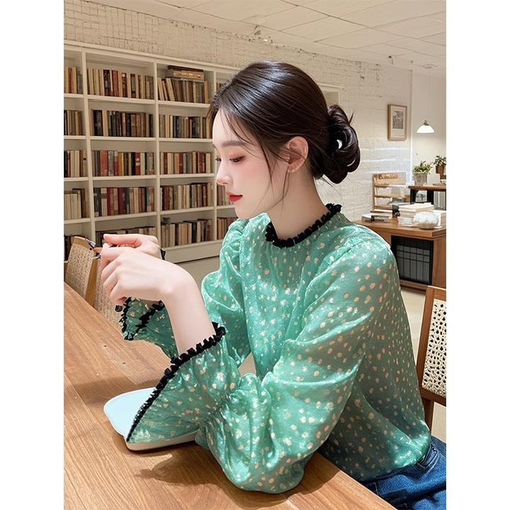 2025年春秋韩式新款绿色小众设计感碎花衬衫女气质高级感百搭上衣