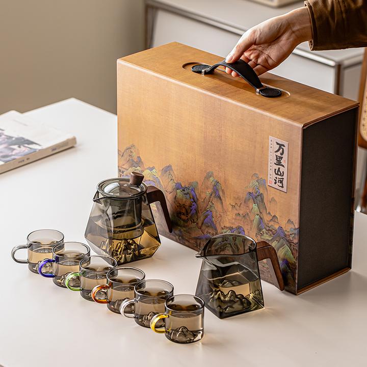 高端透明高硼硅玻璃功夫茶具套装万里山河礼盒装家用待客送人礼物