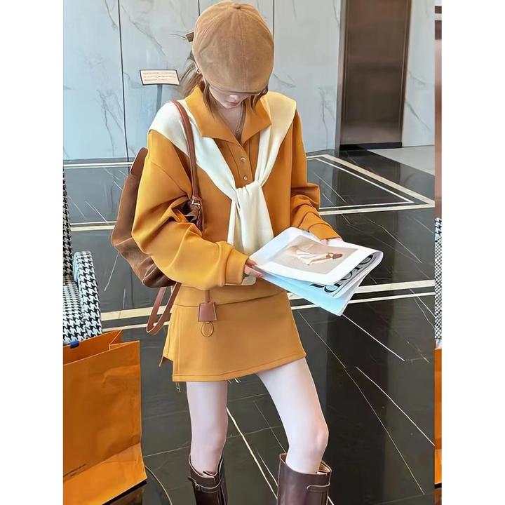 韩系拼接时尚气质洋气翻领纽扣长袖卫衣半身裤裙宽松休闲两件套女
