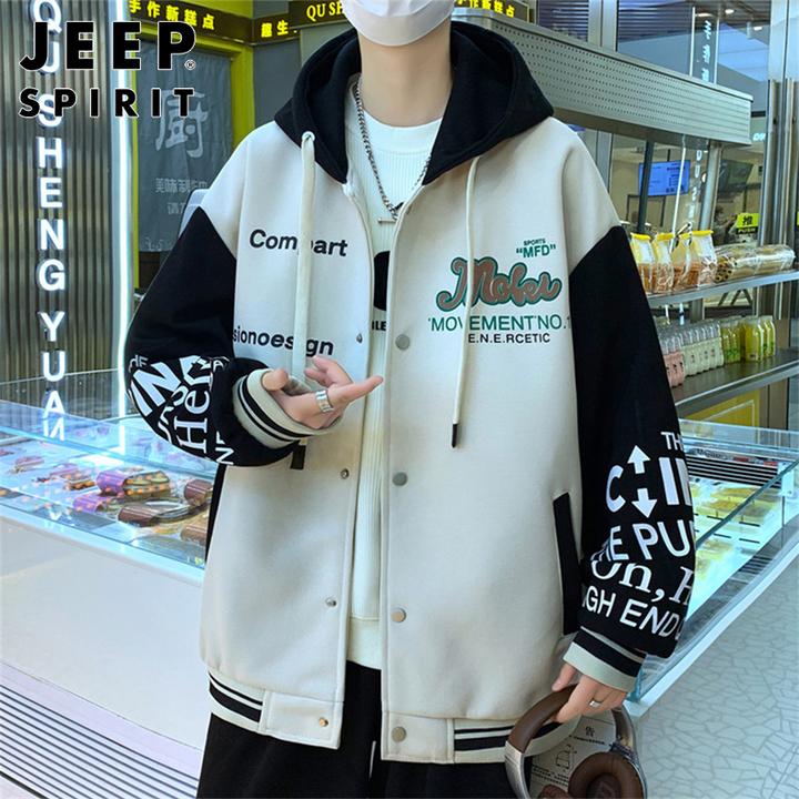 JEEPSPIRIT撞色休闲夹克男士秋季港风青年字母印花连帽宽松棒球服