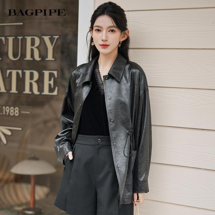 风笛2025秋季新款仿皮衣时尚黑色皮夹克女气质百搭简约中长款外套