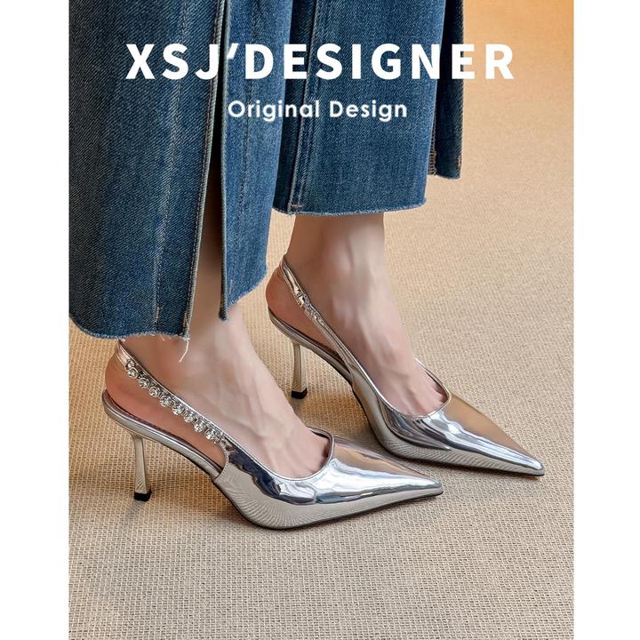 【米兰设计师】法式银色水钻包头凉鞋女夏季新款细跟尖头高跟鞋一字