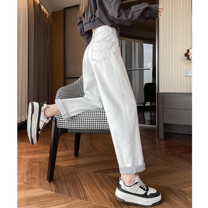 白色高腰窄版阔腿弯刀牛仔裤女2025年新款春秋弹力梨形香蕉镰刀裤