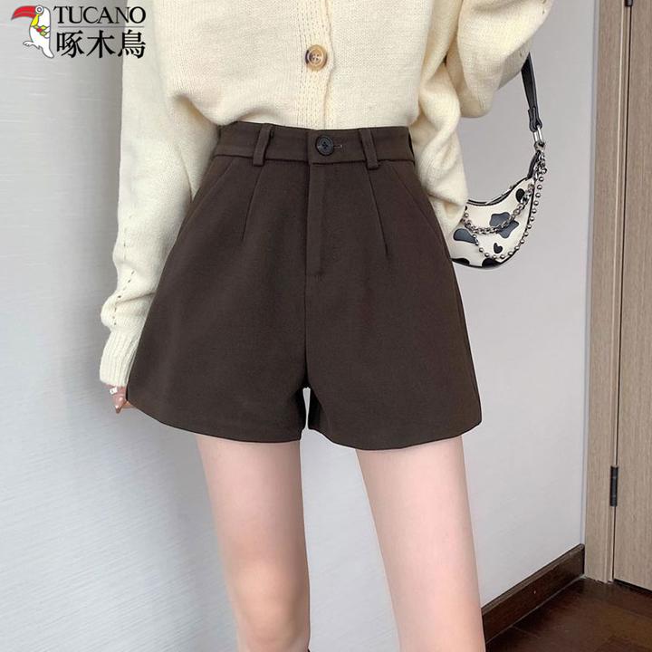 啄木鸟高腰毛呢短裤宽松秋冬新款女款显瘦外穿休闲靴裤阔腿裤子