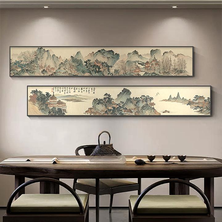 山水画茶室挂画新中式客厅双联装饰画禅意书房壁画横幅背景墙字画