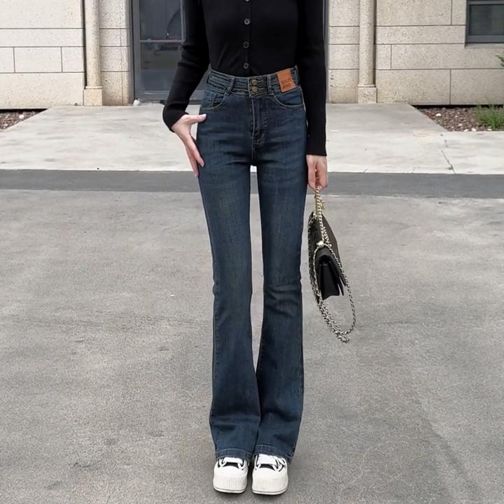 秋季新款高腰显瘦百搭直筒牛仔裤洋气大码女弹力修身复古微喇长裤