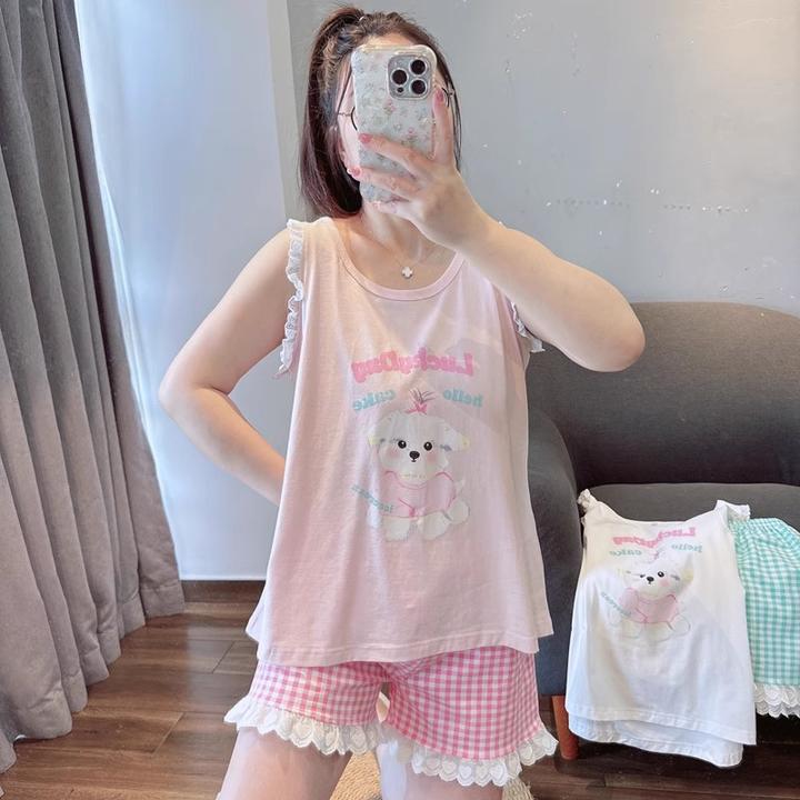 卡通狗狗日系花边无袖背心短裤女夏季凉快莫代尔睡衣家居服两件套