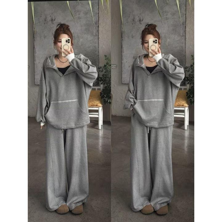 晶咕佳佳【慵懒天菜】连帽大口袋卫衣T恤+松紧腰带抽绳阔腿长裤套装