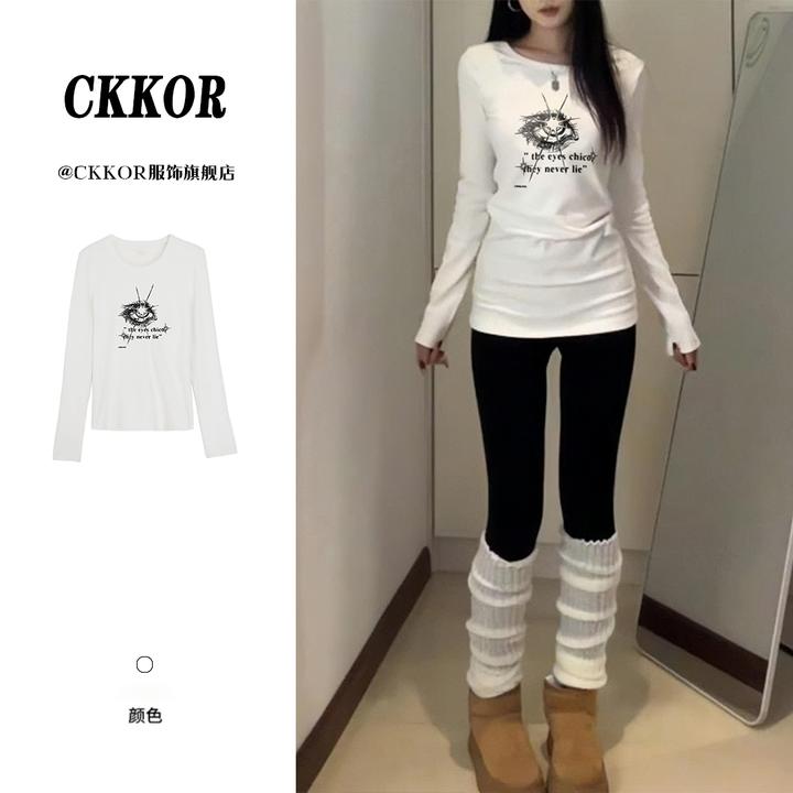 CKKOR春秋新款韩版长袖t恤女收腰显瘦德绒内搭基础款打底衫上衣服