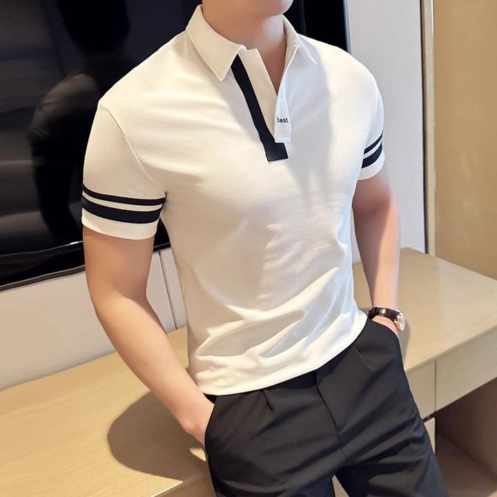 基密雷昂轻奢拼色条纹短袖T恤男士夏季潮牌时尚休闲修身POLO衫T恤