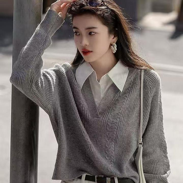 阿玛诗官2025秋冬季新款拼接翻领舒柔假两件遮肉针织衫女上衣