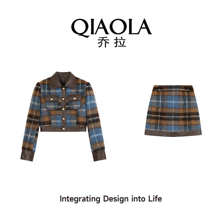 QIAOLA/乔拉【威尼斯情人】秋冬季格纹毛呢拼接皮翻领时尚套装
