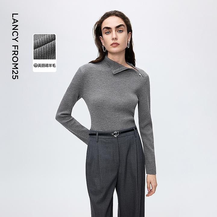 朗姿美丽诺纯羊毛斜襟拉链高领针织衫设计感OL风打底衫2025年新款