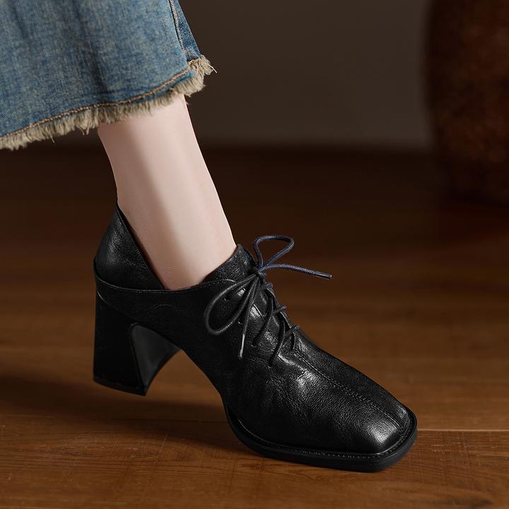 秋冬粗跟深口单鞋休闲系带黑色小皮鞋手抓羊皮方头气质高跟鞋子