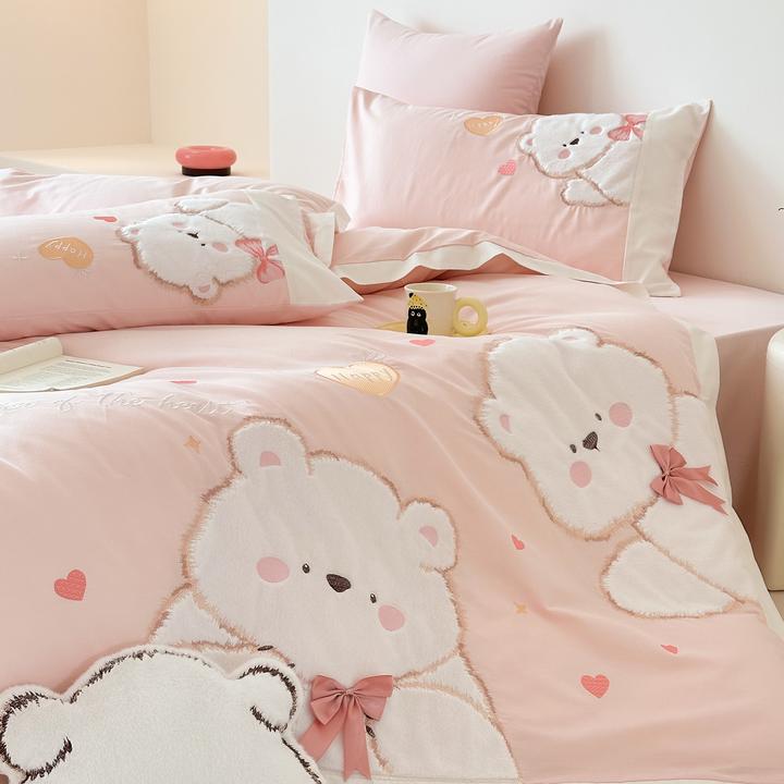 可爱卡通全棉磨毛床上四件套小熊刺绣被套床单儿童纯棉三件套秋冬