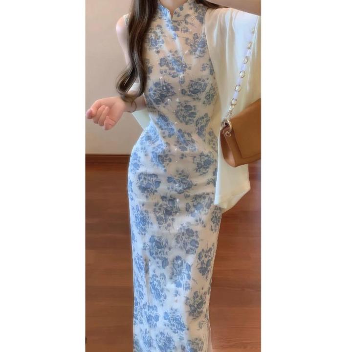 新中式国风青花瓷碎花立领改良旗袍连衣裙无袖a字开叉长裙2031