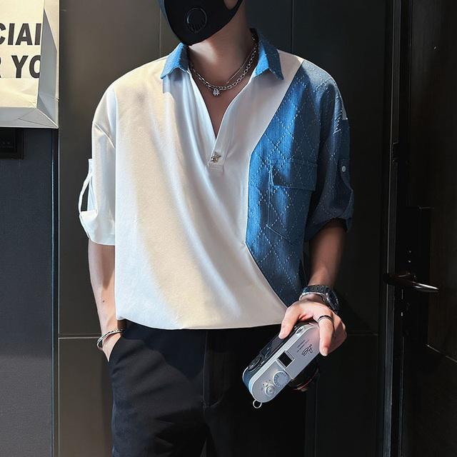 牛仔拼接衬衫男夏季冰丝V领五分袖寸衫潮流宽松休闲五分袖小衬衣